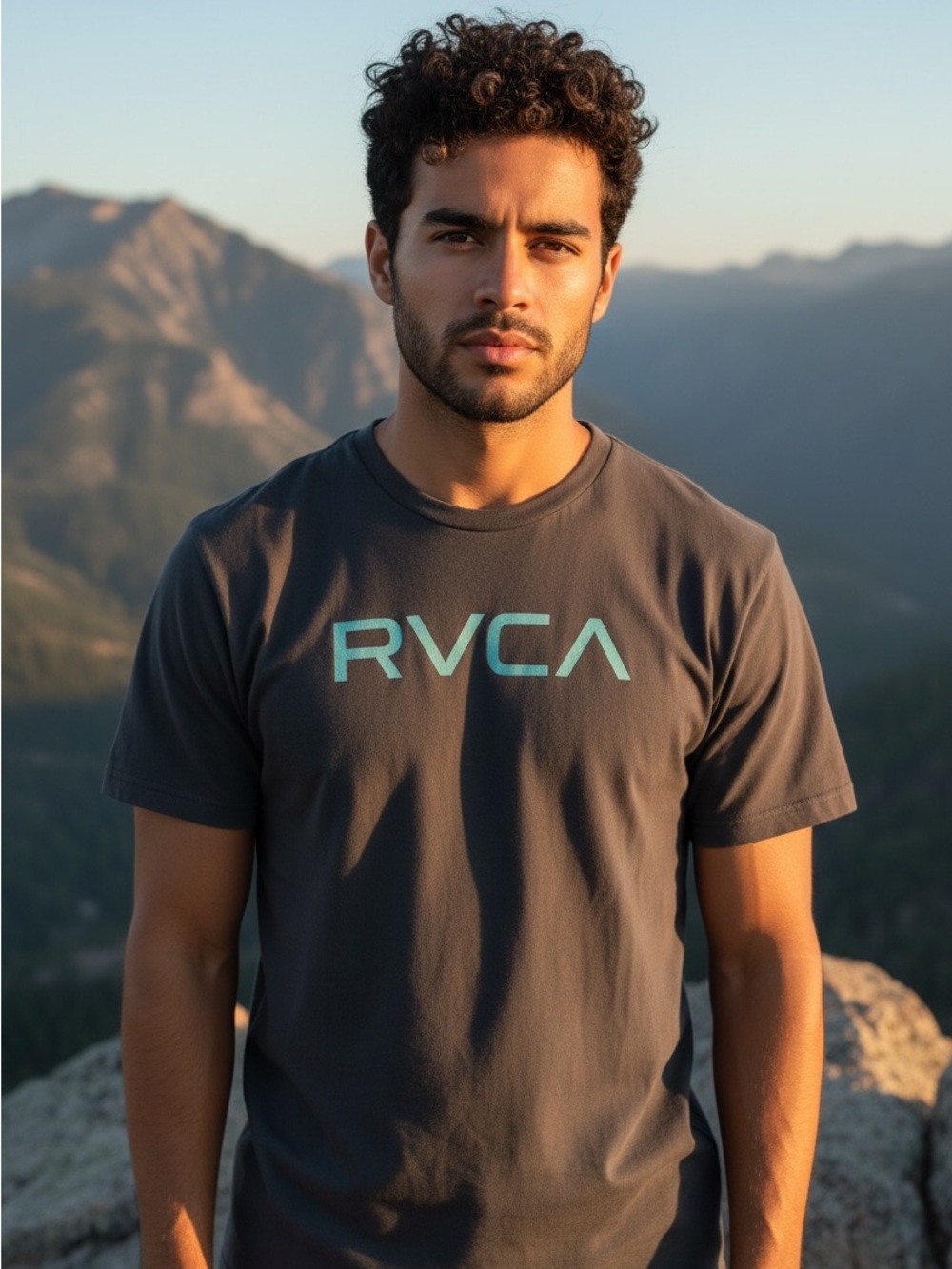 RVCA Mens T-Shirt Medium M Gray Light Blue Spellout Logo Graphic Tee ANP